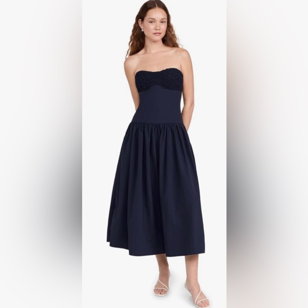 Moon River Navy Strapless Midi Dress
